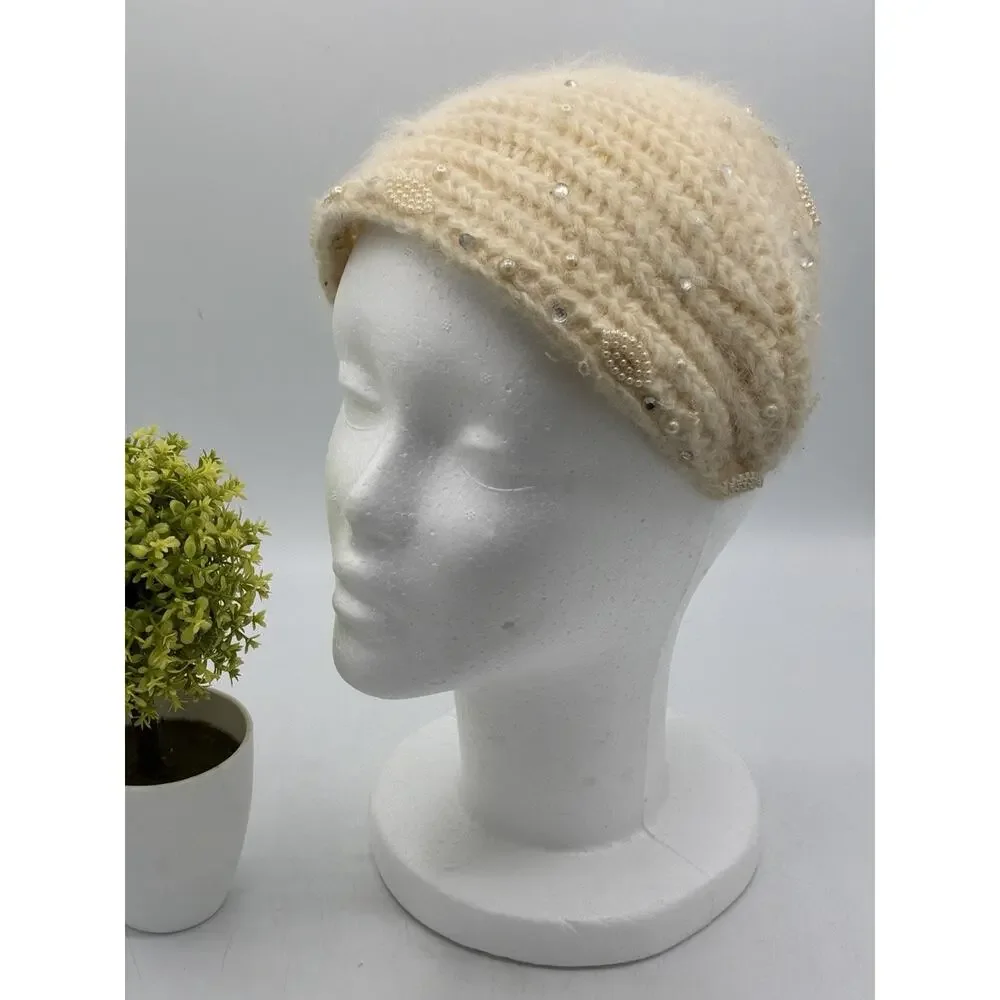 Vintage 1950s Ivory Angora Headband – Pearl Beads, I Love Lucy Era